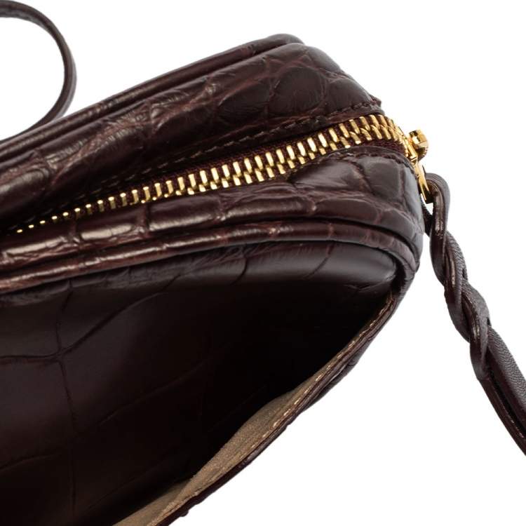 Pre Owned Alexander Mcqueen Burgundy Crocodile Embossed Leather Camera Bag 