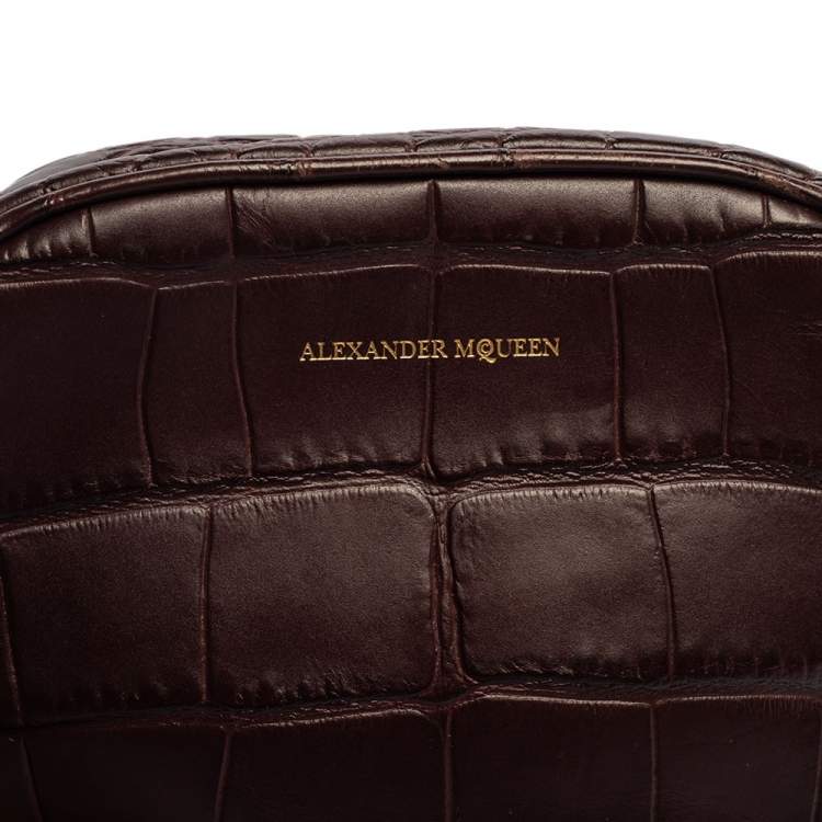 Pre Owned Alexander Mcqueen Burgundy Crocodile Embossed Leather Camera Bag 