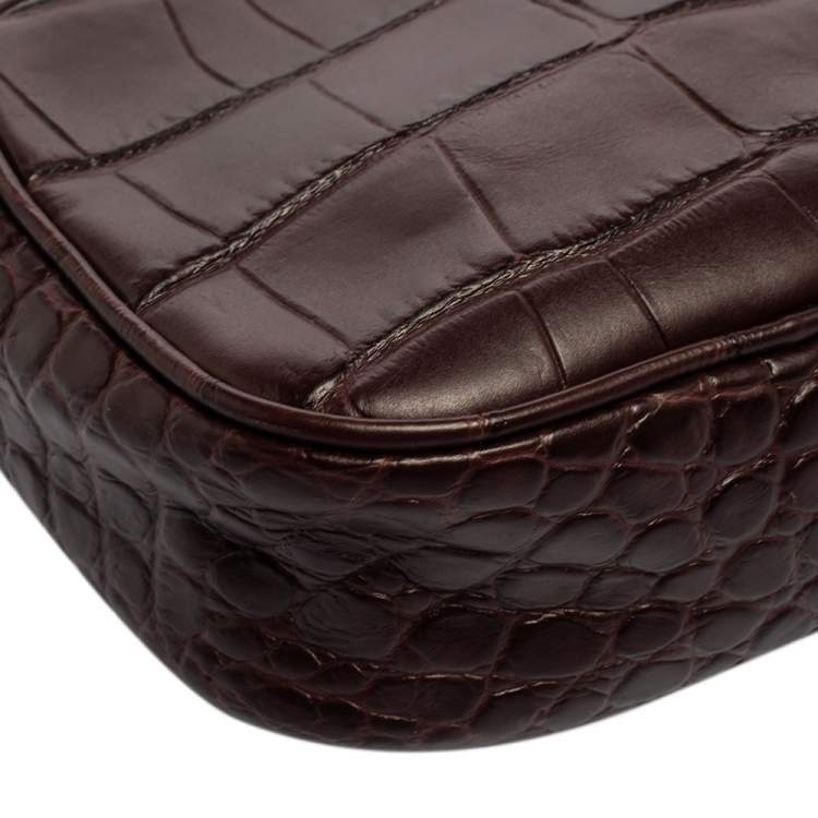 Pre Owned Alexander Mcqueen Burgundy Crocodile Embossed Leather Camera Bag 