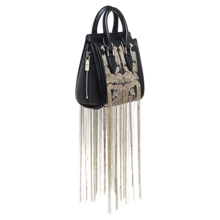 Pre Owned Alexander McQueen Black Leather Mini Fringed Heroine Bag