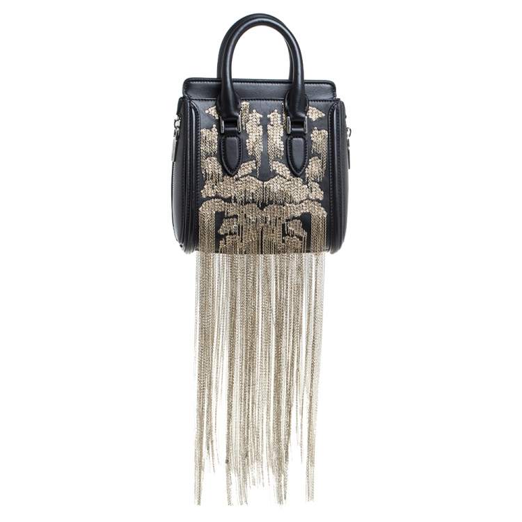 Pre Owned Alexander McQueen Black Leather Mini Fringed Heroine Bag