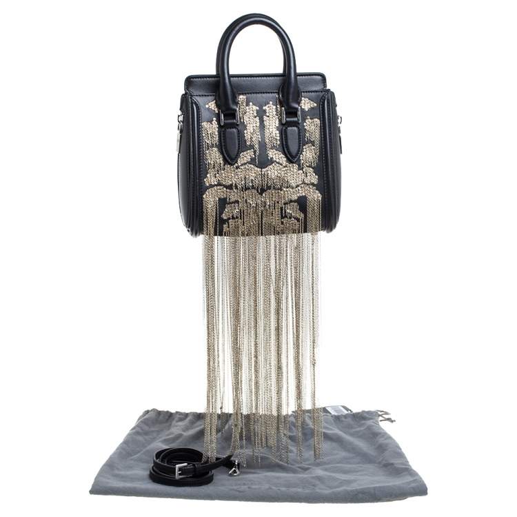 Pre Owned Alexander McQueen Black Leather Mini Fringed Heroine Bag