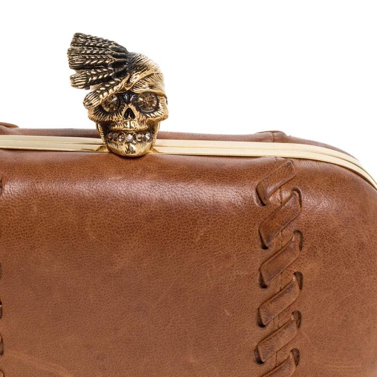 Pre Owned Alexander McQueen Brown Leather Skull Box Clutch