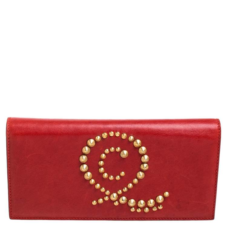 Pre Owned Alexander McQueen Red Leather Studded Flap Clutch