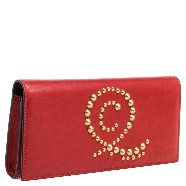 Pre Owned Alexander McQueen Red Leather Studded Flap Clutch