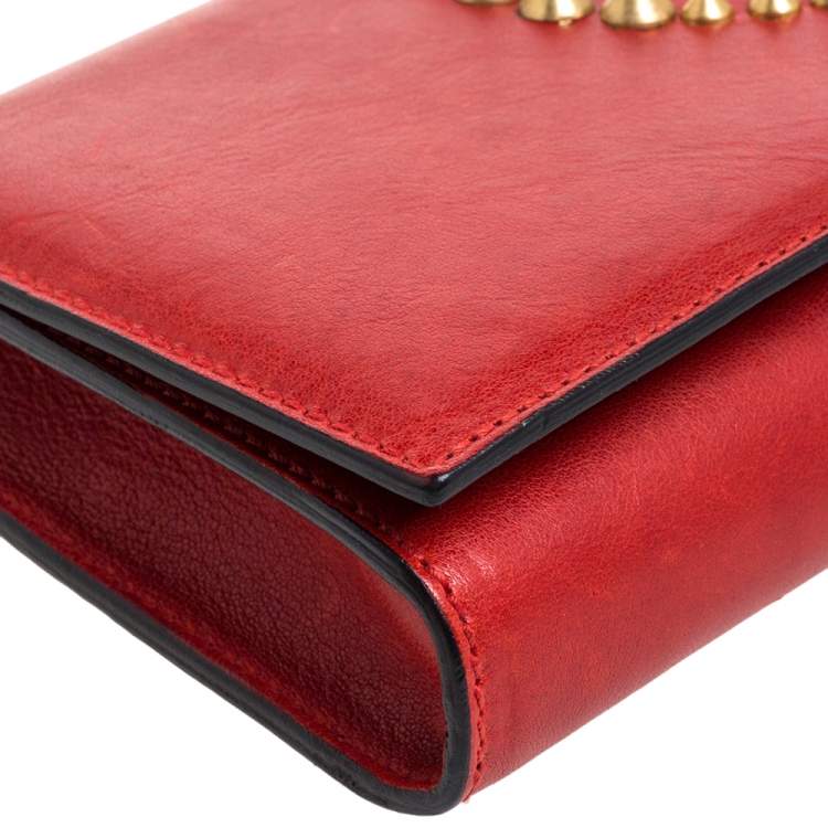 Pre Owned Alexander McQueen Red Leather Studded Flap Clutch