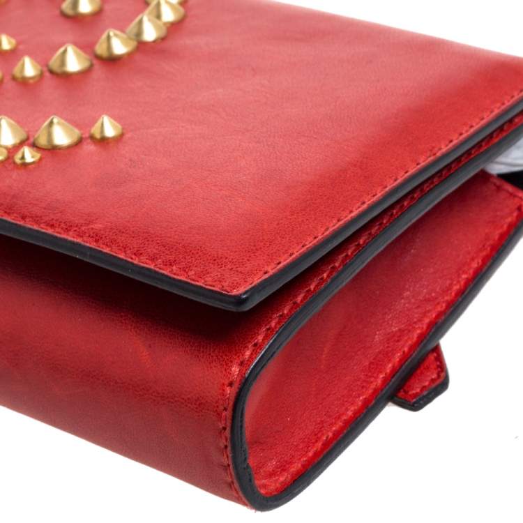 Pre Owned Alexander McQueen Red Leather Studded Flap Clutch