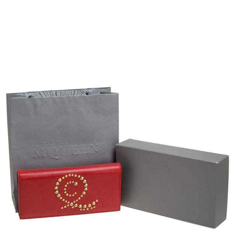 Pre Owned Alexander McQueen Red Leather Studded Flap Clutch