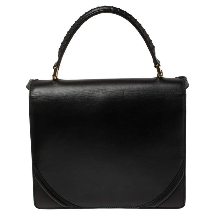 Pre Owned Alexander McQueen Black Leather Crystal Flower Clasp Top Handle Bag