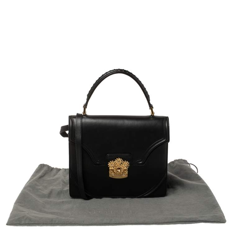 Pre Owned Alexander McQueen Black Leather Crystal Flower Clasp Top Handle Bag
