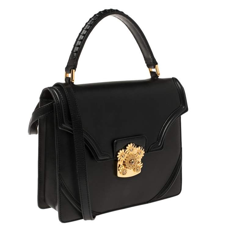 Pre Owned Alexander McQueen Black Leather Crystal Flower Clasp Top Handle Bag