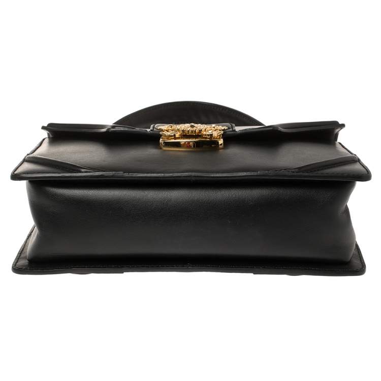 Pre Owned Alexander McQueen Black Leather Crystal Flower Clasp Top Handle Bag
