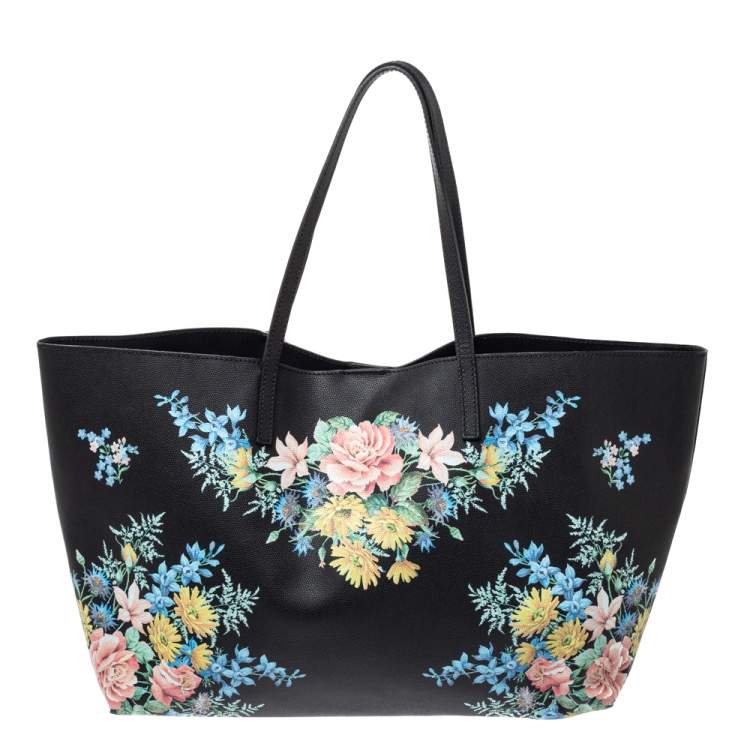 Pre Owned Alexander McQueen Black Floral Print Leather Shopper Tote
