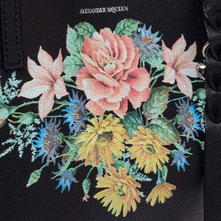 Pre Owned Alexander McQueen Black Floral Print Leather Shopper Tote