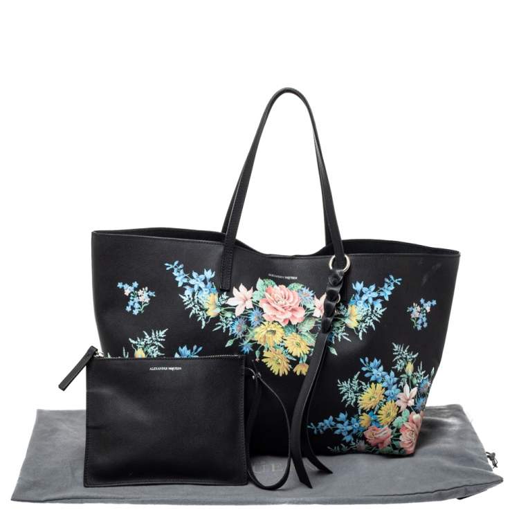 Pre Owned Alexander McQueen Black Floral Print Leather Shopper Tote