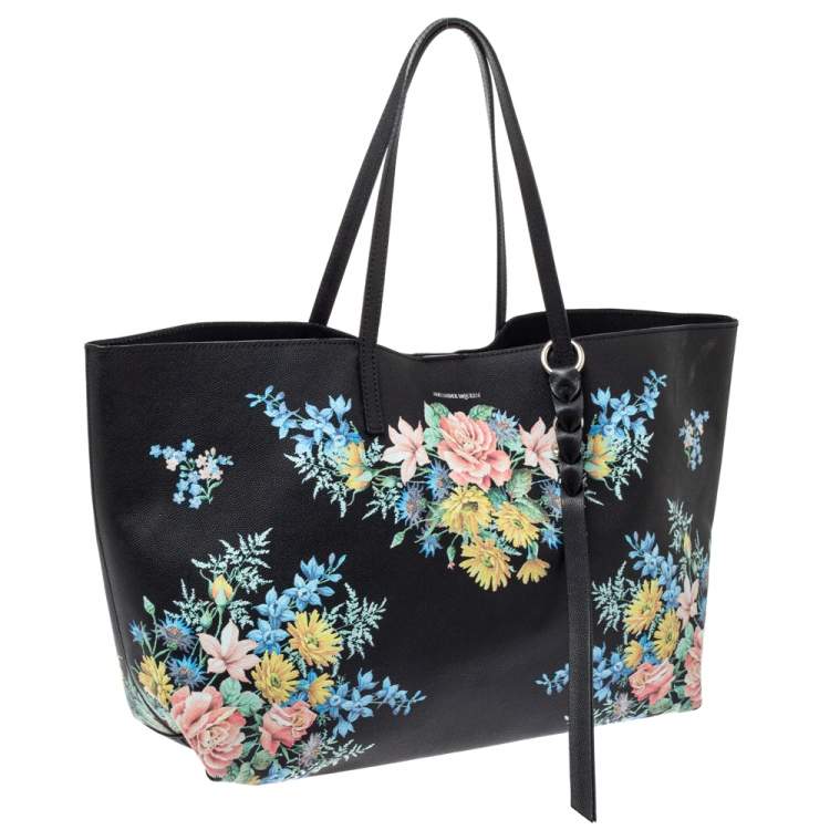 Pre Owned Alexander McQueen Black Floral Print Leather Shopper Tote
