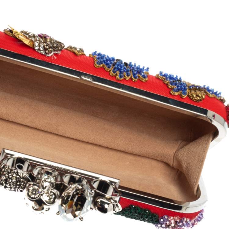 Pre Owned Alexander McQueen Multicolor Garden Embellished Leather Skull Knuckle Clutch