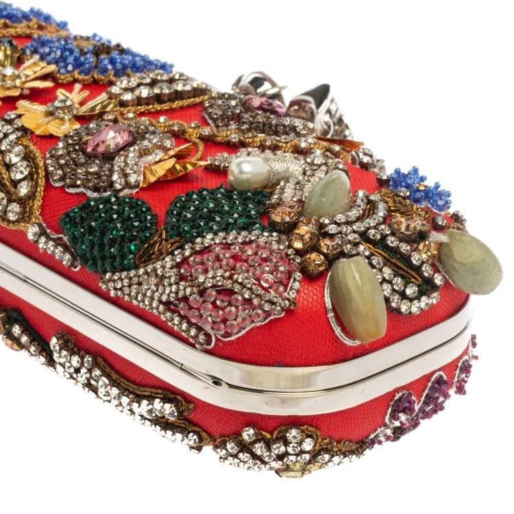 Pre Owned Alexander McQueen Multicolor Garden Embellished Leather Skull Knuckle Clutch