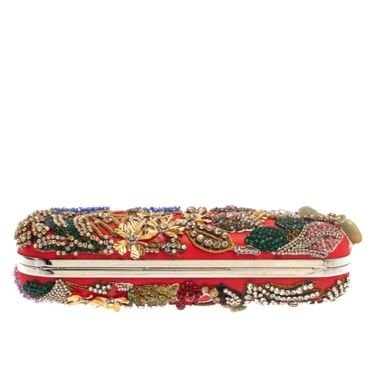 Pre Owned Alexander McQueen Multicolor Garden Embellished Leather Skull Knuckle Clutch
