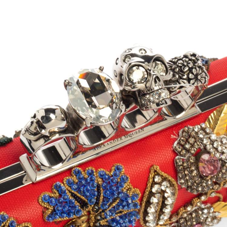 Pre Owned Alexander McQueen Multicolor Garden Embellished Leather Skull Knuckle Clutch
