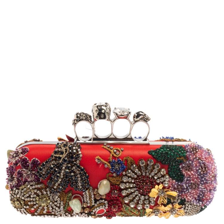 Pre Owned Alexander McQueen Multicolor Garden Embellished Leather Skull Knuckle Clutch