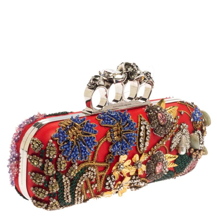 Pre Owned Alexander McQueen Multicolor Garden Embellished Leather Skull Knuckle Clutch
