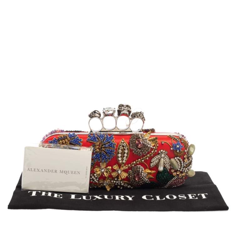 Pre Owned Alexander McQueen Multicolor Garden Embellished Leather Skull Knuckle Clutch
