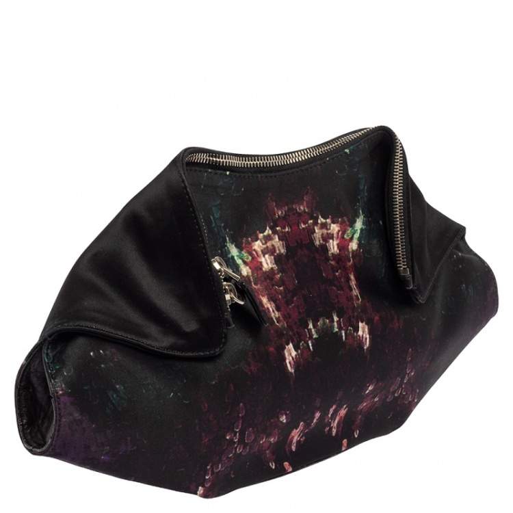 Pre Owned Alexander McQueen Multicolor Print Satin and Leather Medium De Manta Clutch