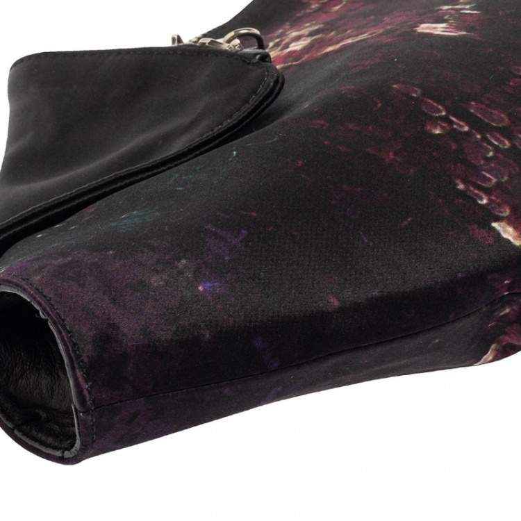 Pre Owned Alexander McQueen Multicolor Print Satin and Leather Medium De Manta Clutch