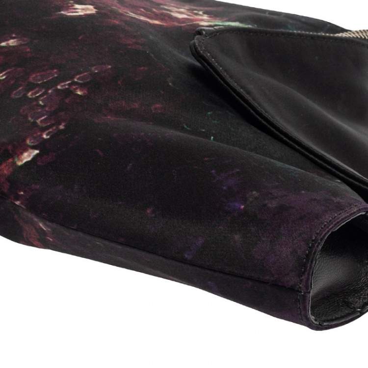 Pre Owned Alexander McQueen Multicolor Print Satin and Leather Medium De Manta Clutch