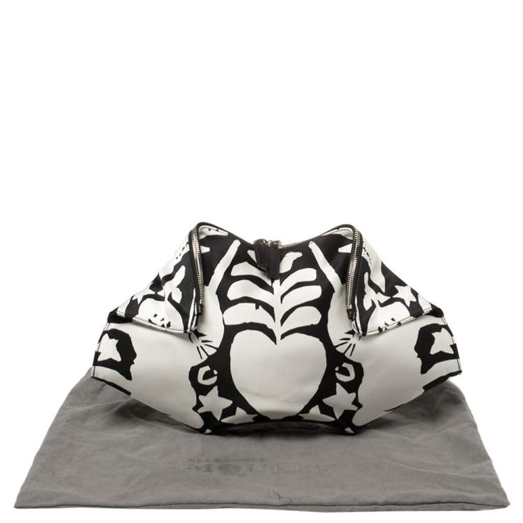 Pre Owned Alexander McQueen Black/White Printed Satin and Leather Medium De Manta Clutch