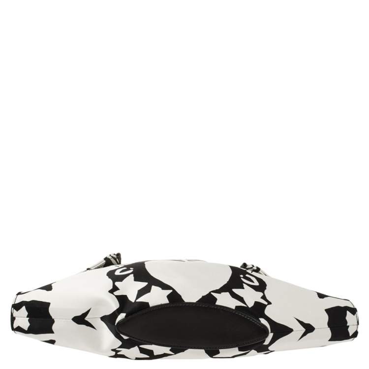 Pre Owned Alexander McQueen Black/White Printed Satin and Leather Medium De Manta Clutch