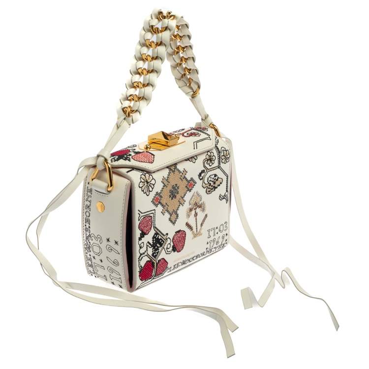 Pre Owned Alexander McQueen White Embroidered Leather Box 16 Crossbody Bag
