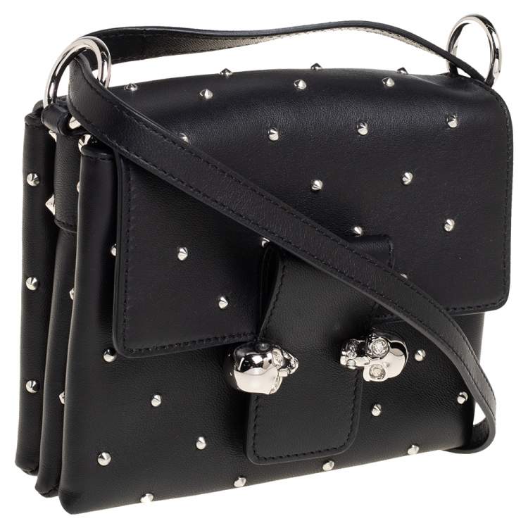 Pre Owned Alexander McQueen Black Leather Twin Skull Studded Crossbody Bag