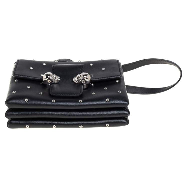 Pre Owned Alexander McQueen Black Leather Twin Skull Studded Crossbody Bag