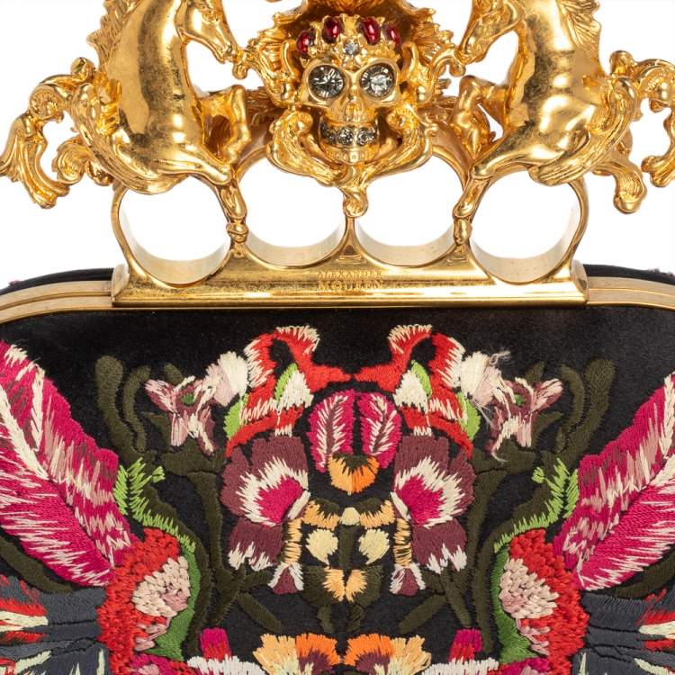 Pre Owned Alexander McQueen Black Satin Floral Embroidered Skull and Unicorn Knuckle Clutch