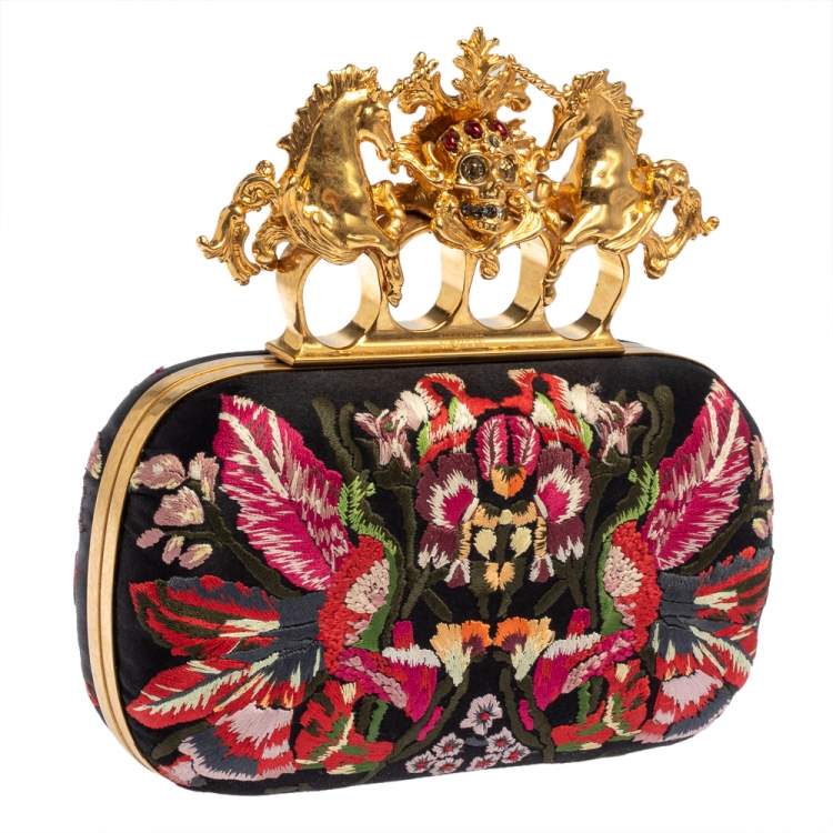 Pre Owned Alexander McQueen Black Satin Floral Embroidered Skull and Unicorn Knuckle Clutch