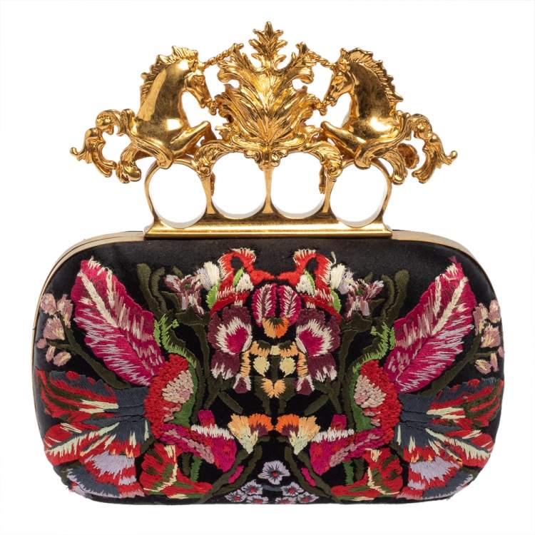 Pre Owned Alexander McQueen Black Satin Floral Embroidered Skull and Unicorn Knuckle Clutch