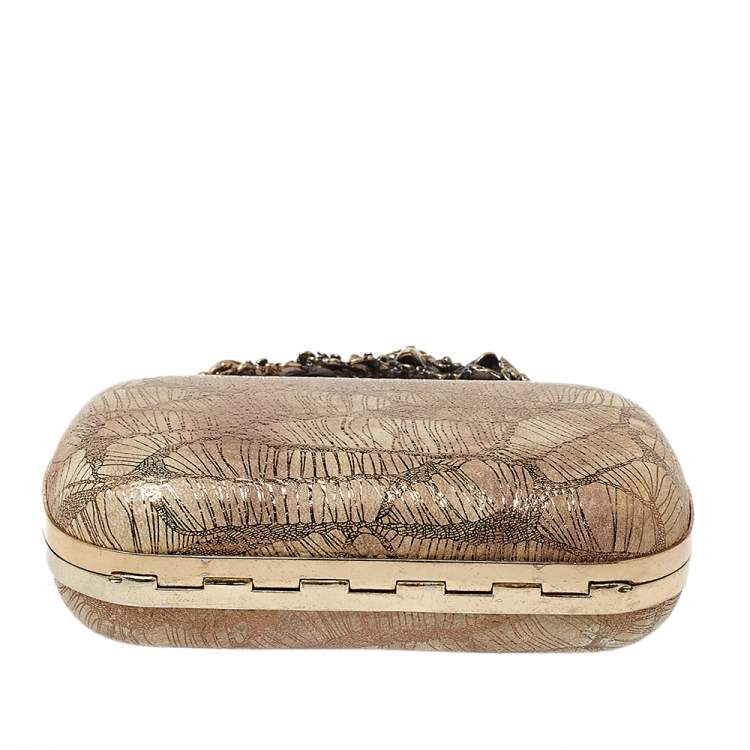 Pre Owned Alexander McQueen Metallic Gold/Beige Leather Skull Knuckle Box Clutch