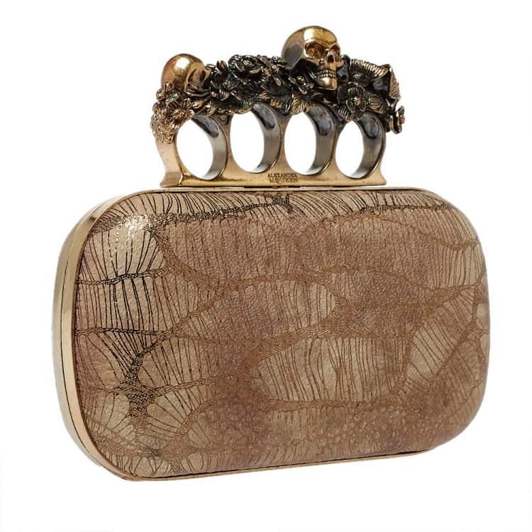 Pre Owned Alexander McQueen Metallic Gold/Beige Leather Skull Knuckle Box Clutch