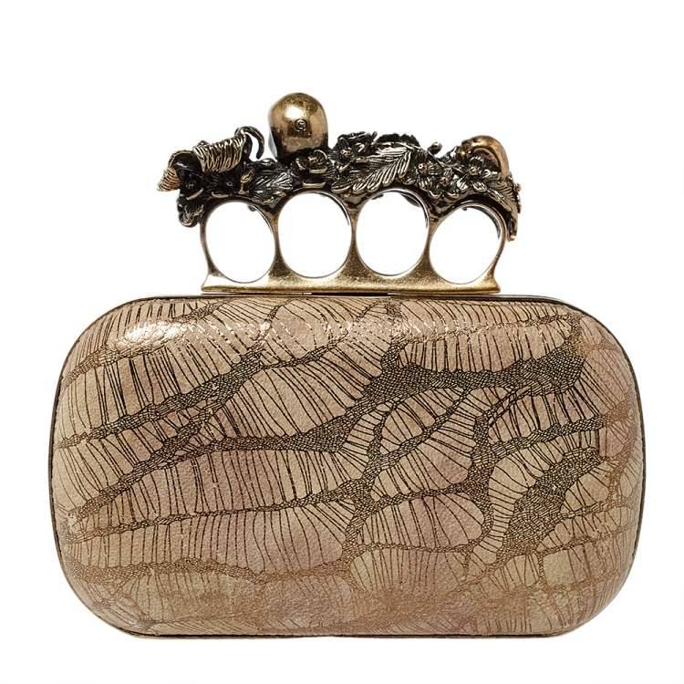Pre Owned Alexander McQueen Metallic Gold/Beige Leather Skull Knuckle Box Clutch
