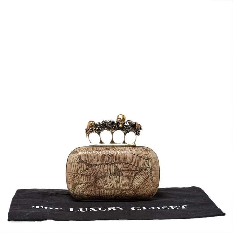 Pre Owned Alexander McQueen Metallic Gold/Beige Leather Skull Knuckle Box Clutch