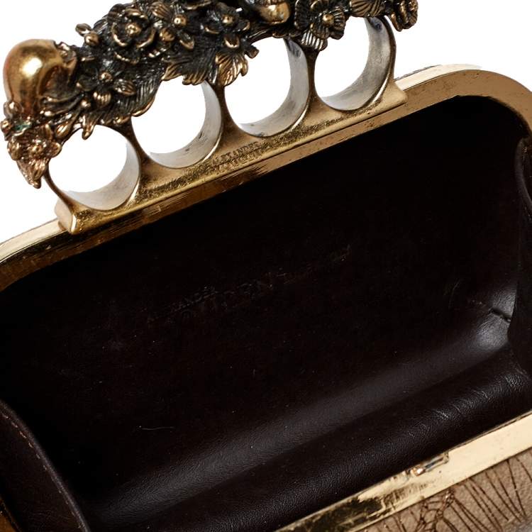 Pre Owned Alexander McQueen Metallic Gold/Beige Leather Skull Knuckle Box Clutch