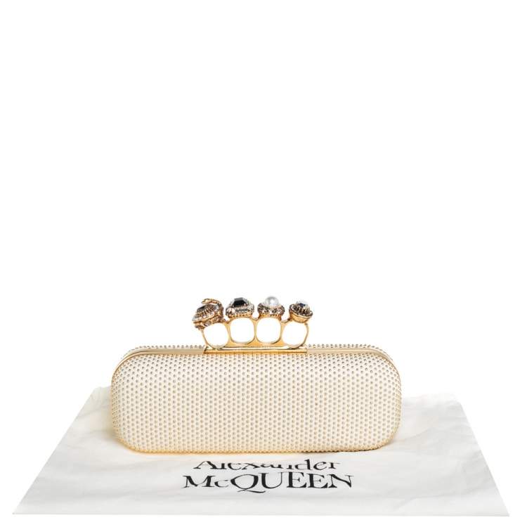 Pre Owned Alexander McQueen White Leather Studded Four Ring Knuckle Clutch 