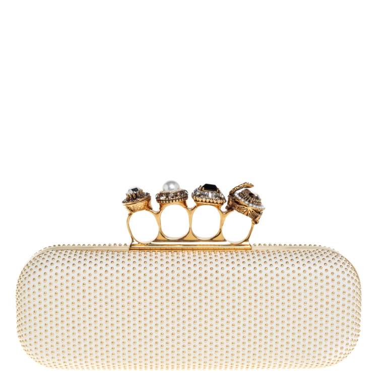 Pre Owned Alexander McQueen White Leather Studded Four Ring Knuckle Clutch 
