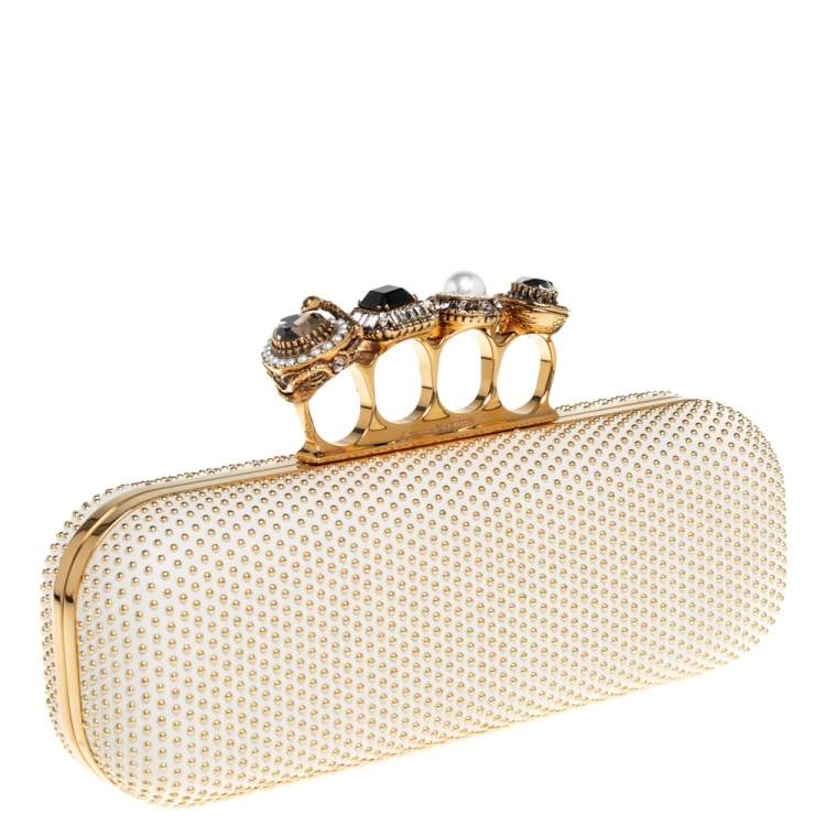 Pre Owned Alexander McQueen White Leather Studded Four Ring Knuckle Clutch 