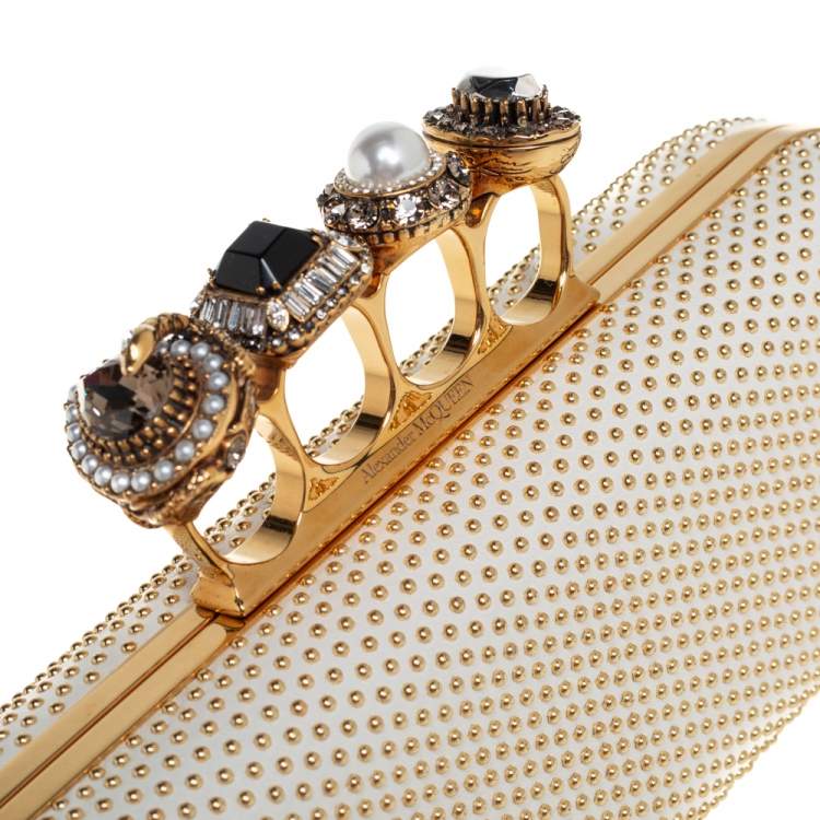 Pre Owned Alexander McQueen White Leather Studded Four Ring Knuckle Clutch 