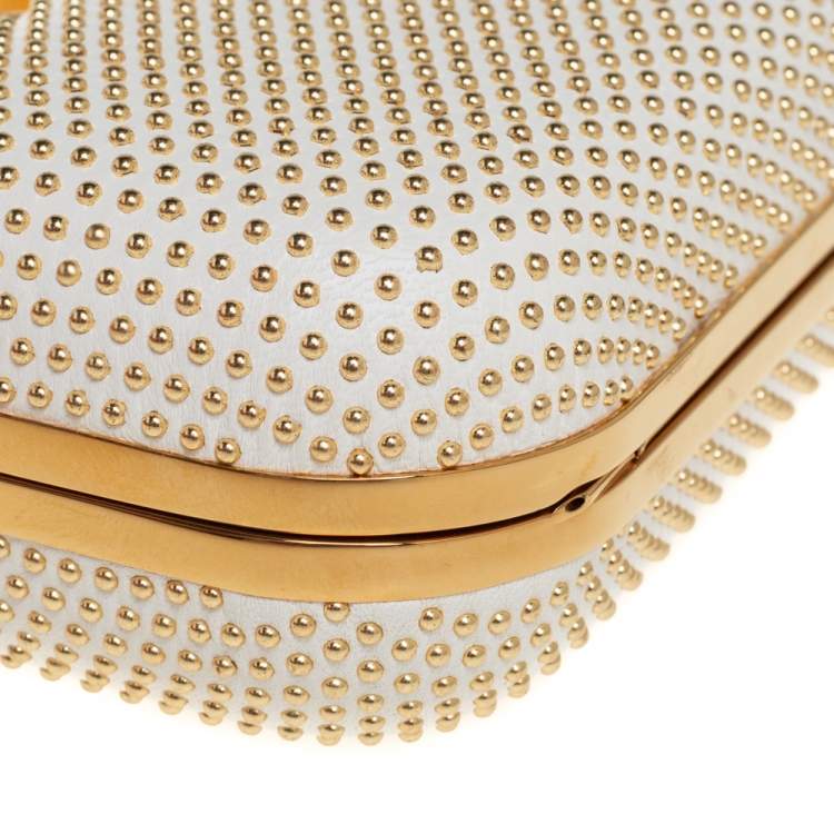Pre Owned Alexander McQueen White Leather Studded Four Ring Knuckle Clutch 