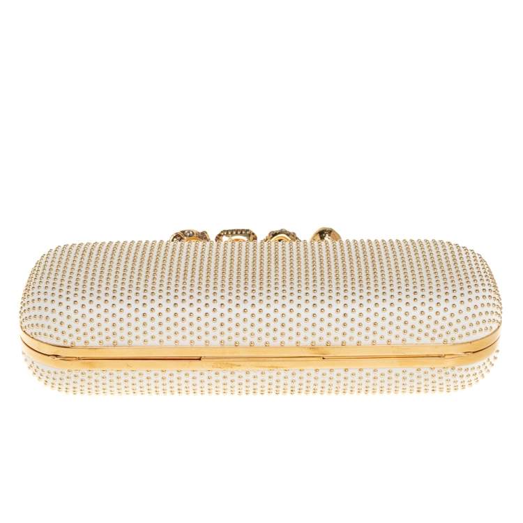 Pre Owned Alexander McQueen White Leather Studded Four Ring Knuckle Clutch 
