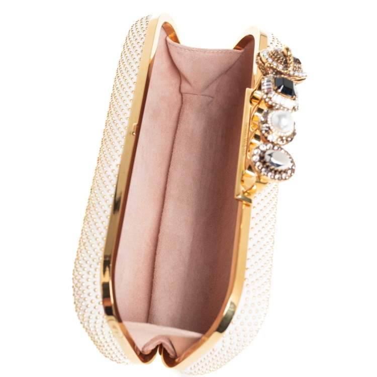 Pre Owned Alexander McQueen White Leather Studded Four Ring Knuckle Clutch 